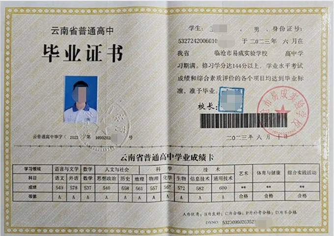 临沧市易成实验学校2023年普通高中毕业证书样本图片